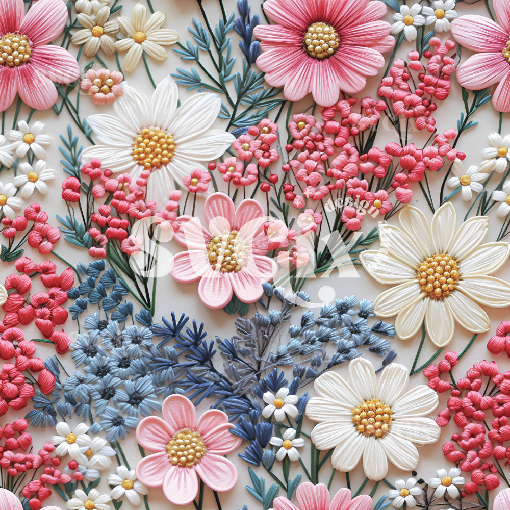 Pink & Blue Floral Embroidery Seamless Pattern