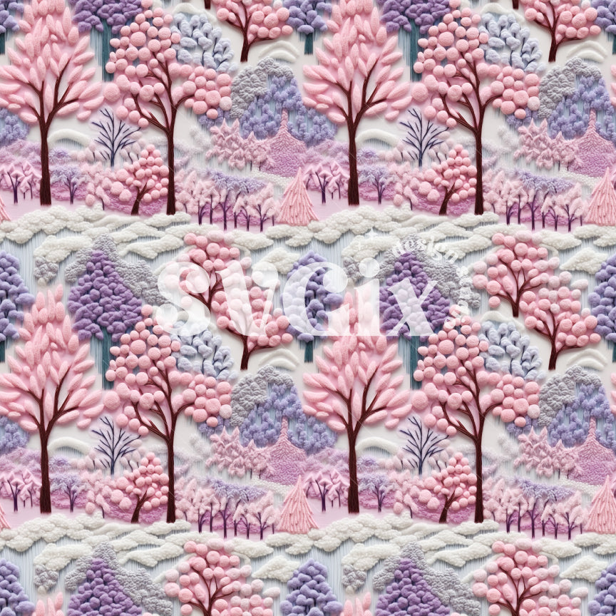 Pink and Lilac Winter Trees Seamless Pattern