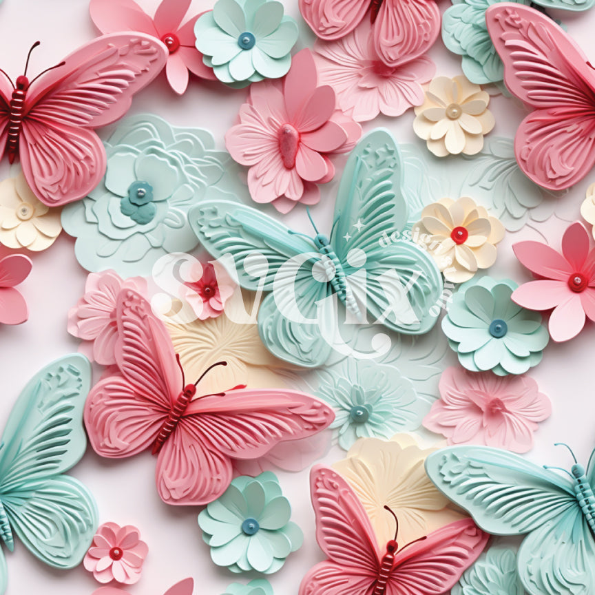 Pink and mint 3d Butterflies Seamless Pattern