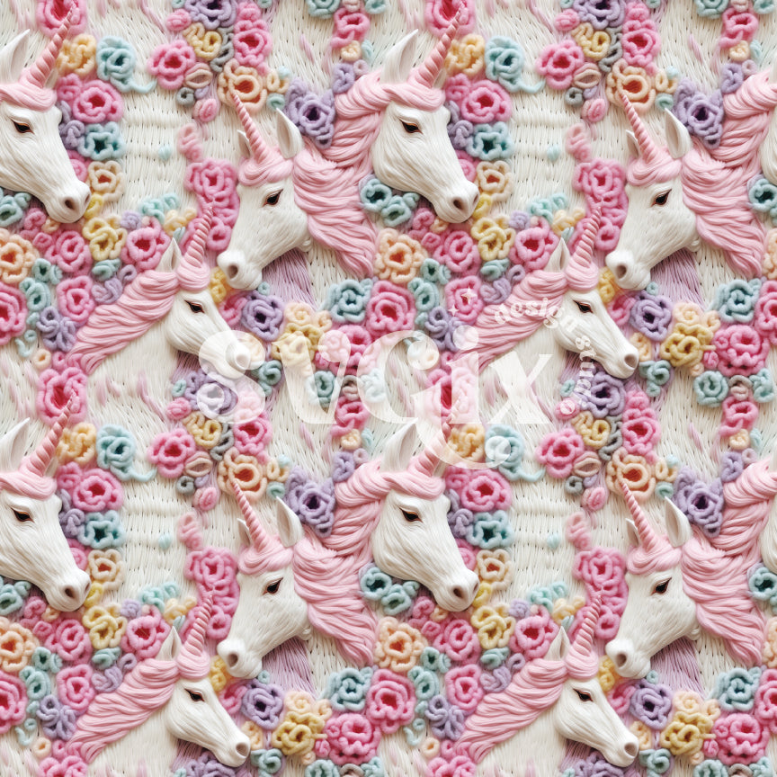 Pink Ivory Embroidered Unicorns Seamless Pattern