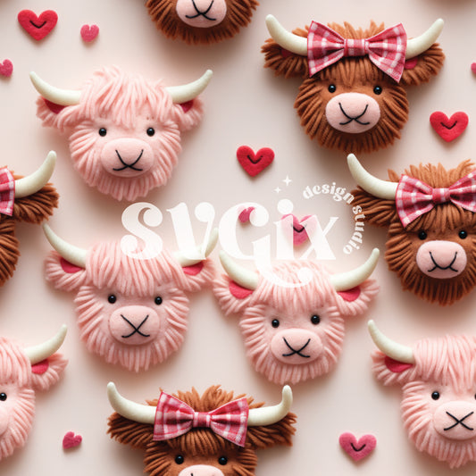 Plaid Bows Highland Cows Valentines Seamless Pattern