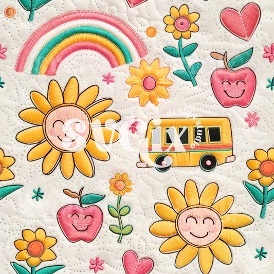 Daises Back-to-School Embroidery Seamless Pattern