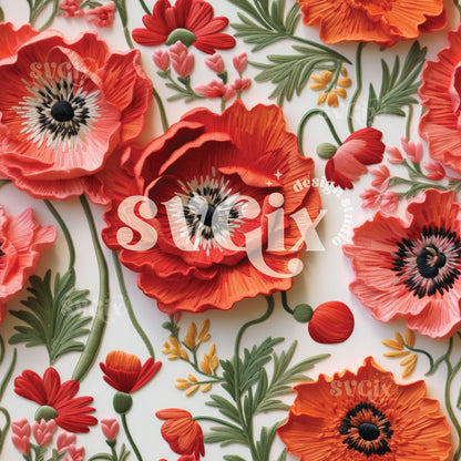 Poppies Embroidery Seamless Pattern