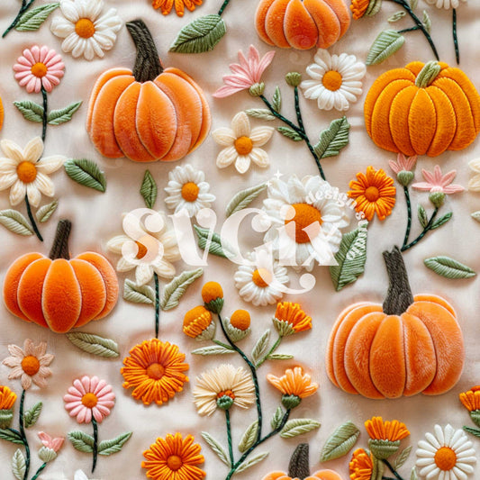 Pumpkin Daises on White Seamless Pattern
