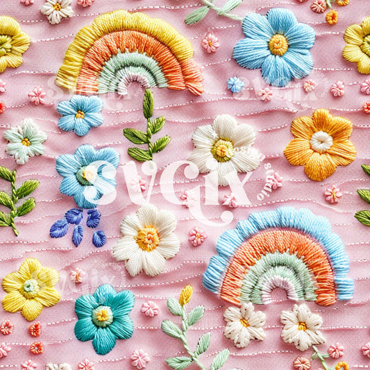 Rainbow Floral Embroidery Seamless Pattern