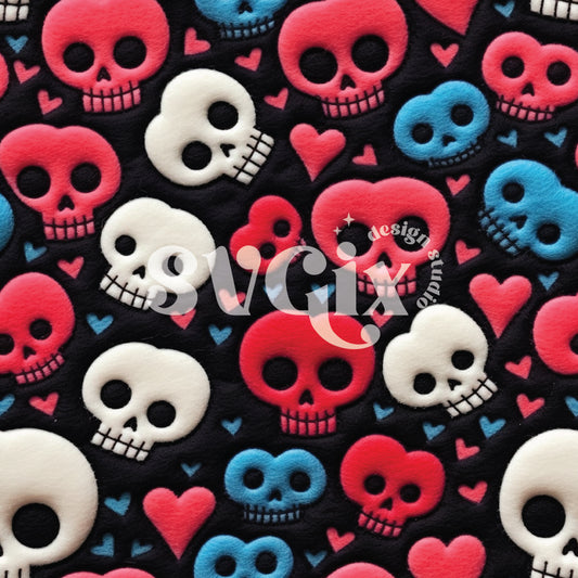 Red Blue Valentines Skulls on Black Embroidery Seamless Pattern