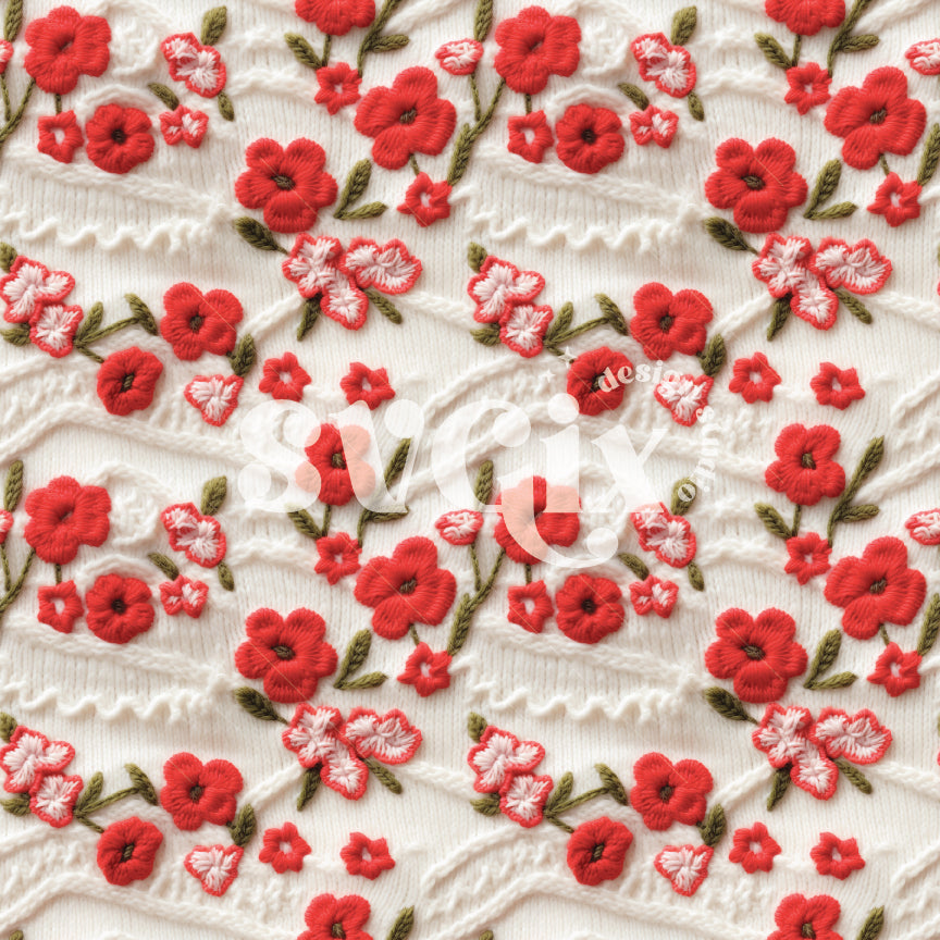 Red Knit Flowers Seamless Pattern