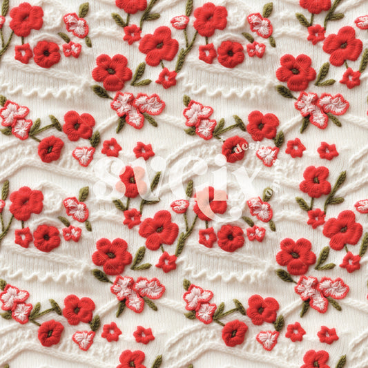 Red Knit Flowers Seamless Pattern