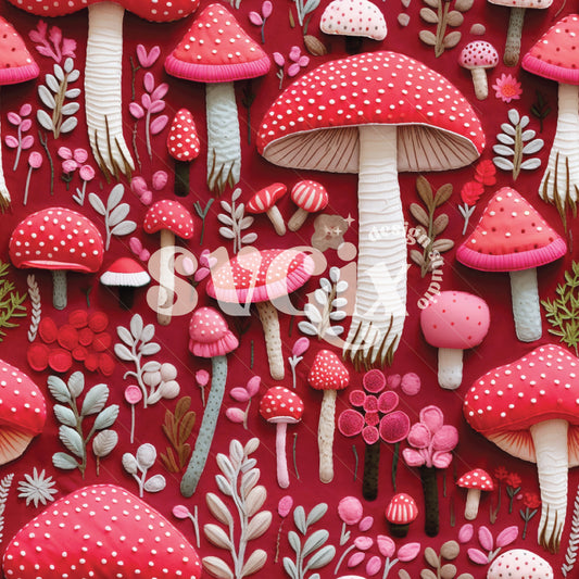 Red Mushrooms Embroidery Seamless Pattern