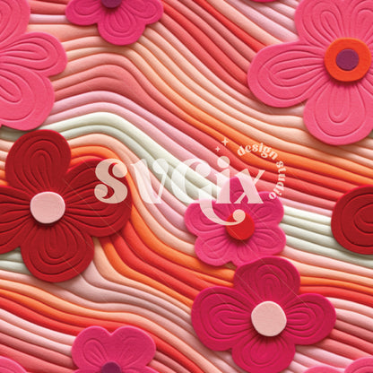 Red Pink Flowers on a Wavy Background Seamless Pattern