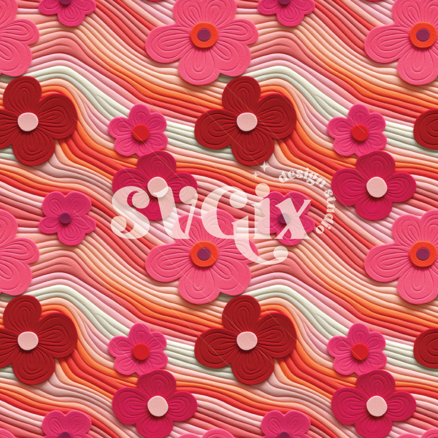 Red Pink Flowers on a Wavy Background Seamless Pattern