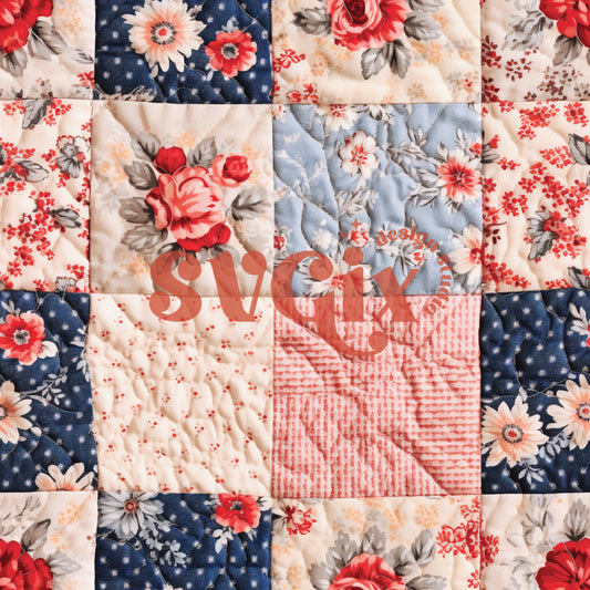 Red White and Blue Nostalgic Patchwork Quilt Seamless Pattern