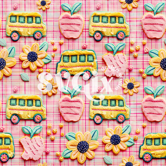 SCHOOL BUSES AND APPLE DAYS Seamless Pattern