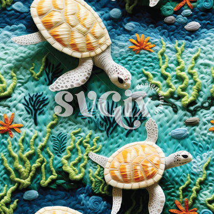 Sea Turtles Faux Embroidery Seamless Pattern