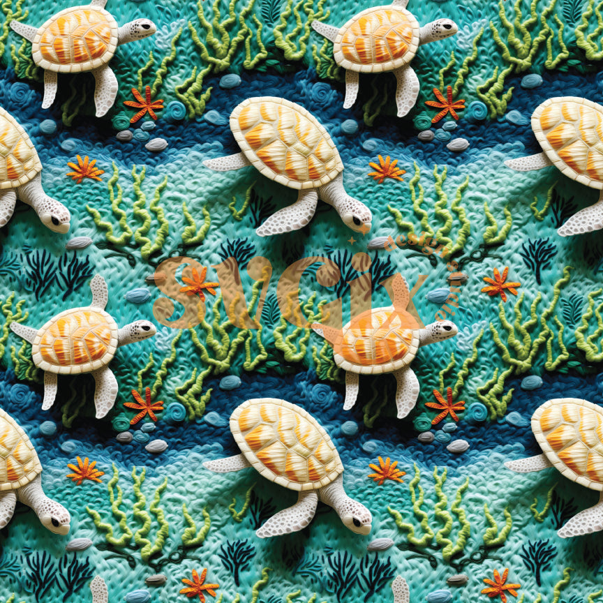 Sea Turtles Faux Embroidery Seamless Pattern