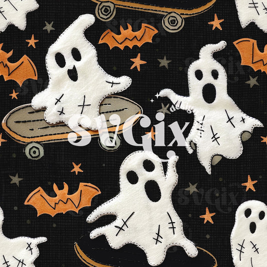 Skateboard Ghosts Halloween Seamless Pattern