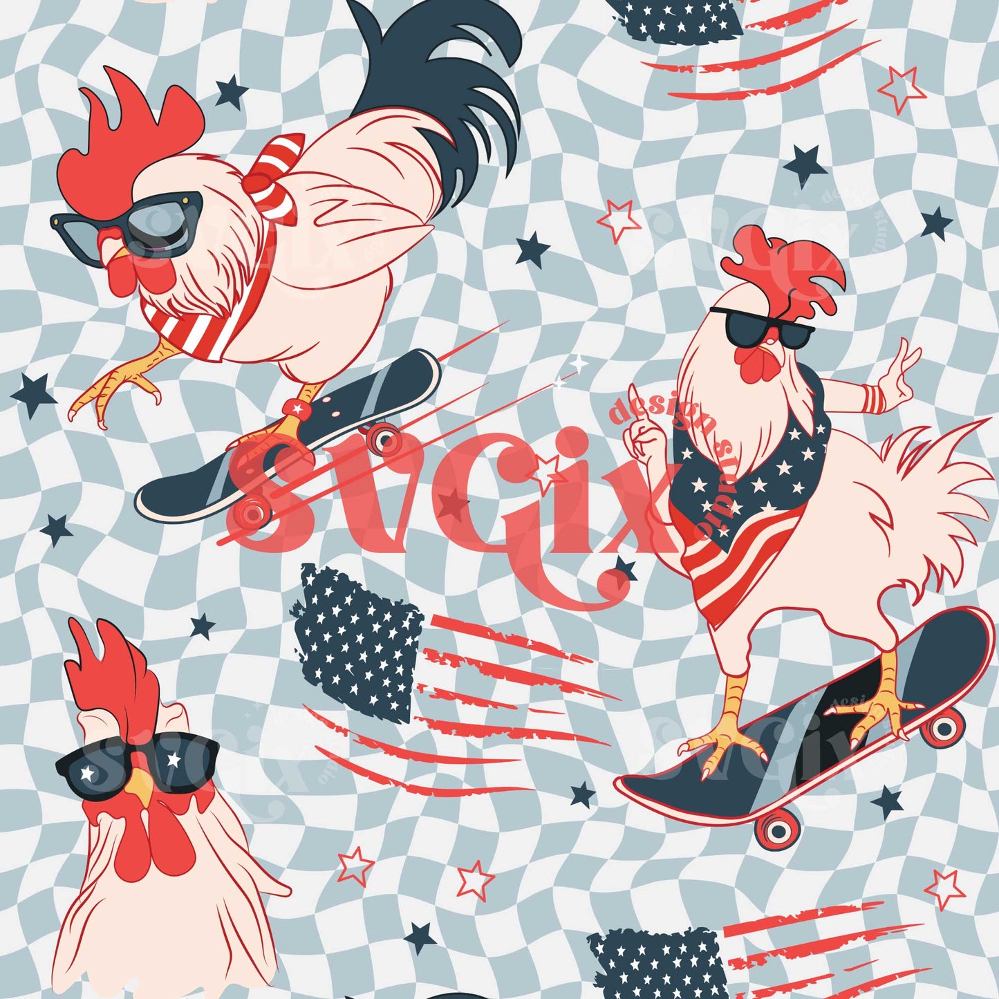 FOJ Skateboard Roosters Seamless Pattern