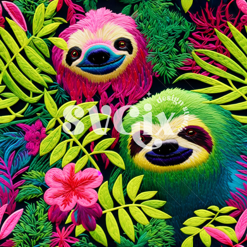 Sloth Neon Embroidery Seamless Pattern