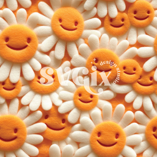 Smiley Daisies Groovy Retro Flowers Embroidery Seamless Pattern