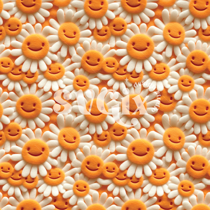 Smiley Daisies Groovy Retro Flowers Embroidery Seamless Pattern