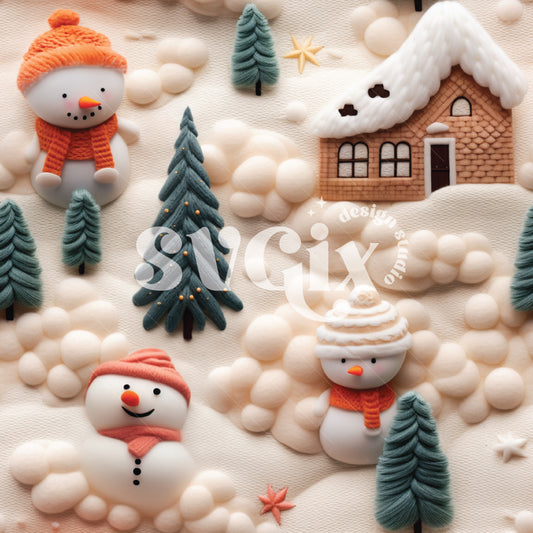 Snowman Village 3D Seamless Pattern