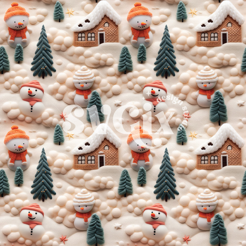 Snowman Village 3D Seamless Pattern