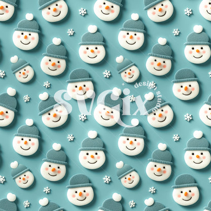 Snowmen on Glacier Blue Faux Felt Seamless Pattern