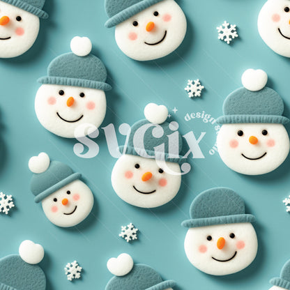 Snowmen on Glacier Blue Faux Felt Seamless Pattern