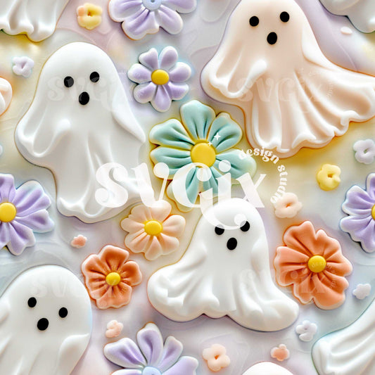 Soft Spirits - Ghosts and Flowers Seamless Pattern