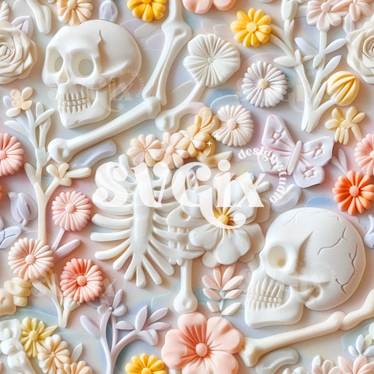 Softly Macabre - Skeletons and Pastel Florals Seamless Pattern