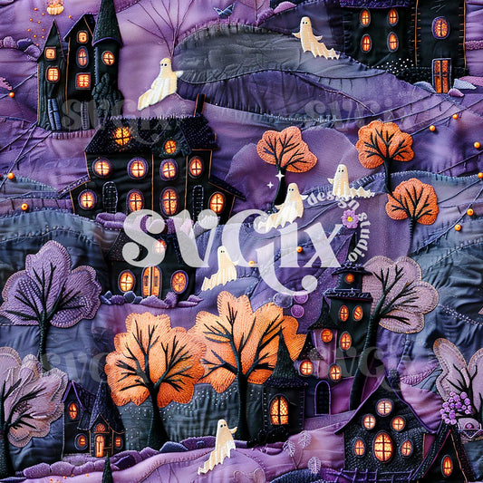 Spooky Night - Haunted Houses & Ghosts Seamless Pattern