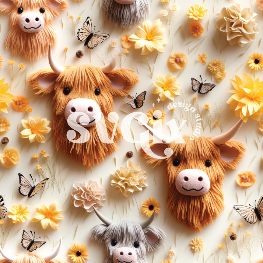 Spring Highland Cows Seamless Pattern