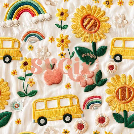 Sunflowers Yellow Bus Embroidery Seamless Pattern by SVGix