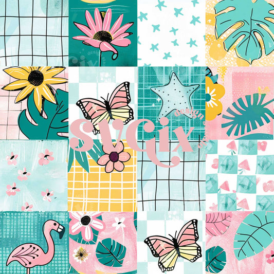 Teal Pink Summer Patchwork Squares Seamless Pattern
