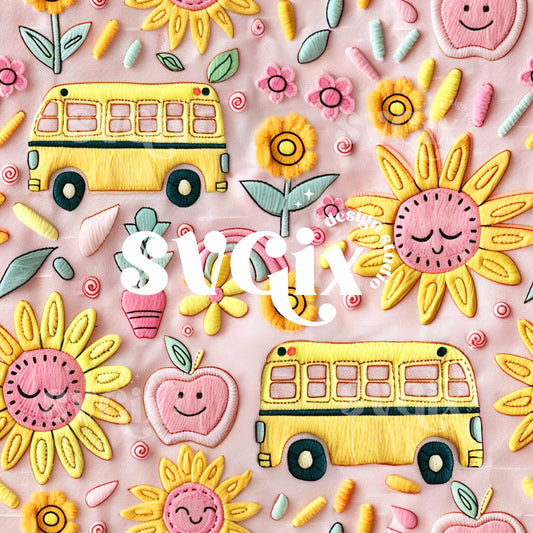 Sunny Day Back to School Embroidery Seamless Pattern