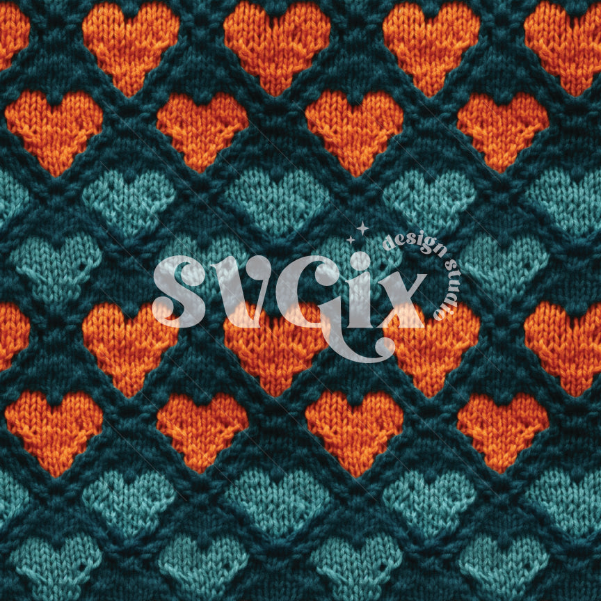 Teal Orange Hearts Knit Seamless Pattern