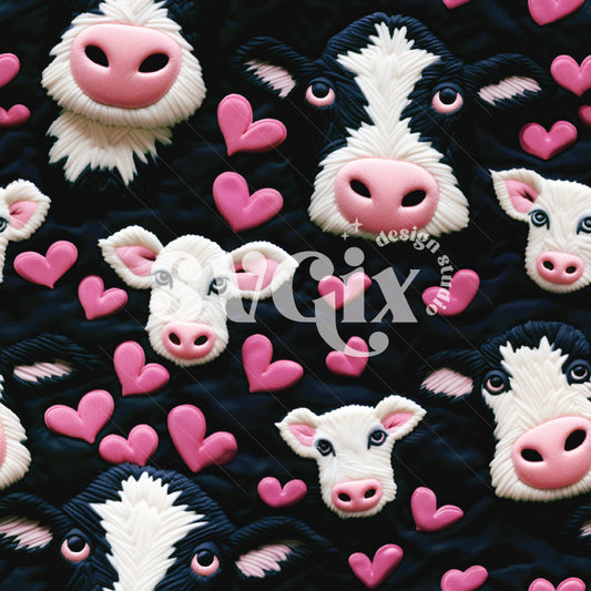 Valentines Cows Embroidery Seamless Pattern