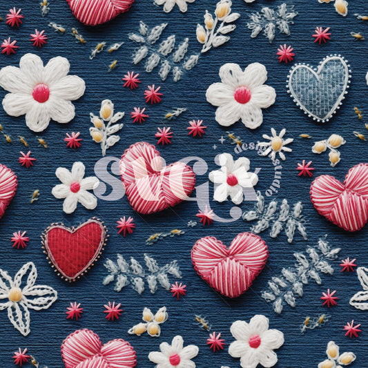 Valentines Embroidery on Denim Seamless Pattern