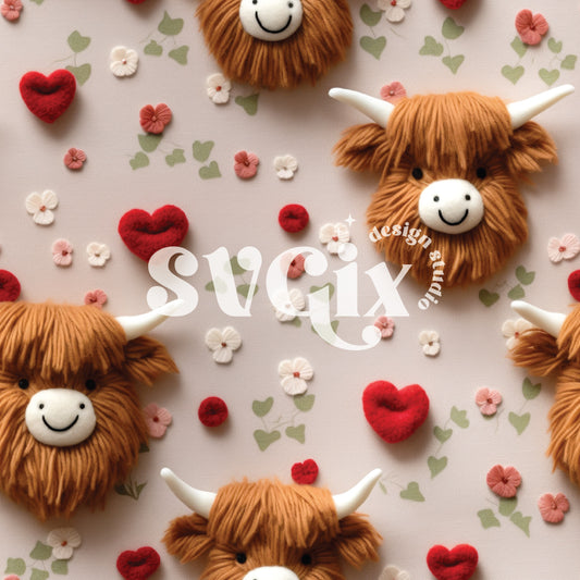 Valentines Highland Cows Seamless Pattern