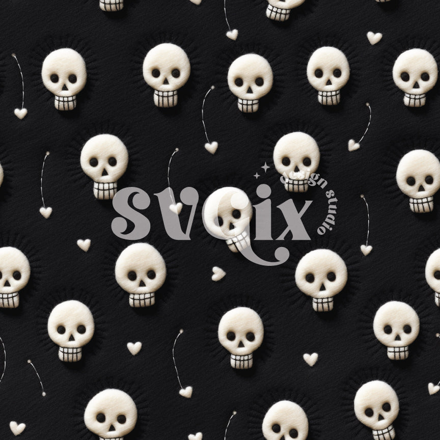 Valentines Skulls on Black Embroidery Seamless Pattern