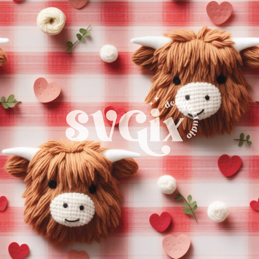 Vday Highland Cows Plaid Seamless Pattern