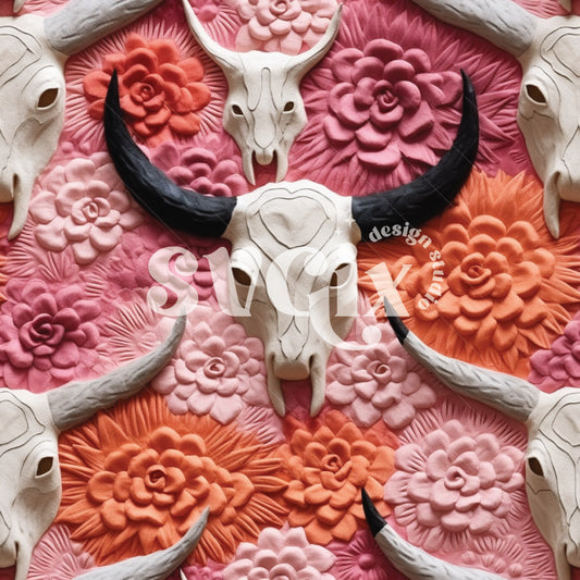 Velvet Cow Skulls 3D Seamless Pattern