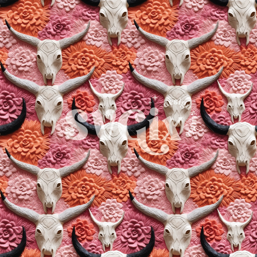 Velvet Cow Skulls 3D Seamless Pattern