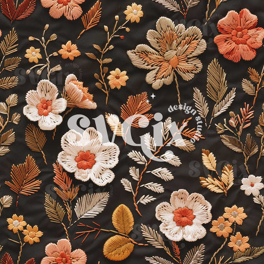Vintage Fall Floral Embroidery Seamless Pattern