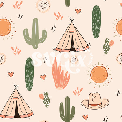 Western Cactus Teepee Boho Baby Handrawn Seamless Pattern