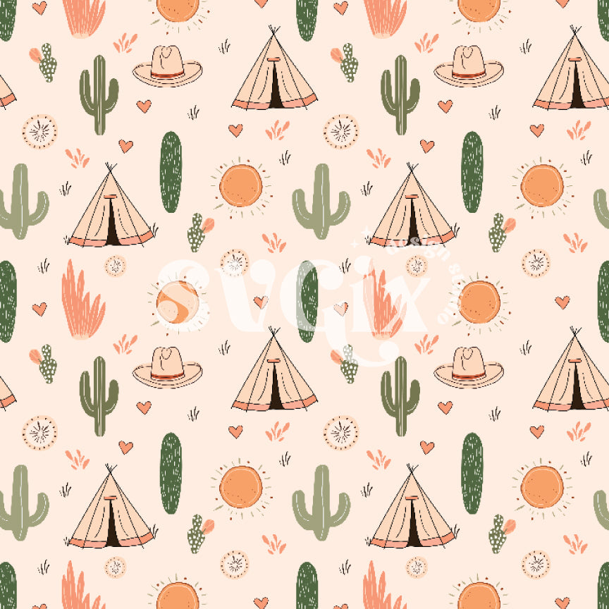 Western Cactus Teepee Boho Baby Handrawn Seamless Pattern