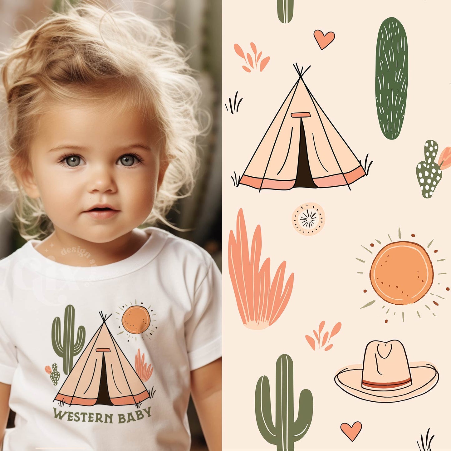 Western Cactus Teepee Boho Baby Handrawn Seamless Pattern