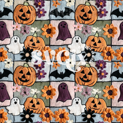Whimsical Ghost and Floral Knit Seamless Pattern