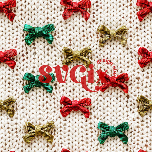 White Knit with Red Green Bows Seamless Pattern