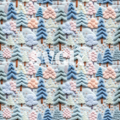 Winter Felt Trees Blue Tones Seamless Pattern